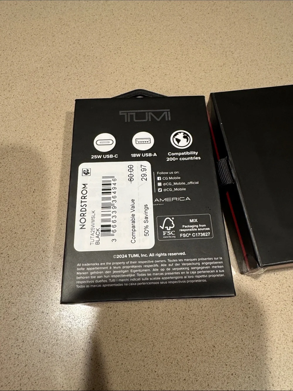 TUMI Black 25W USB-C & USB-A Travel Charger New